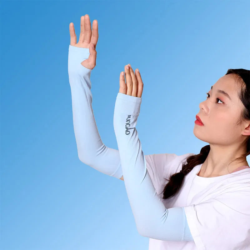 Open-finger nylon sun protection sleeve in a choice of colours on an arm.