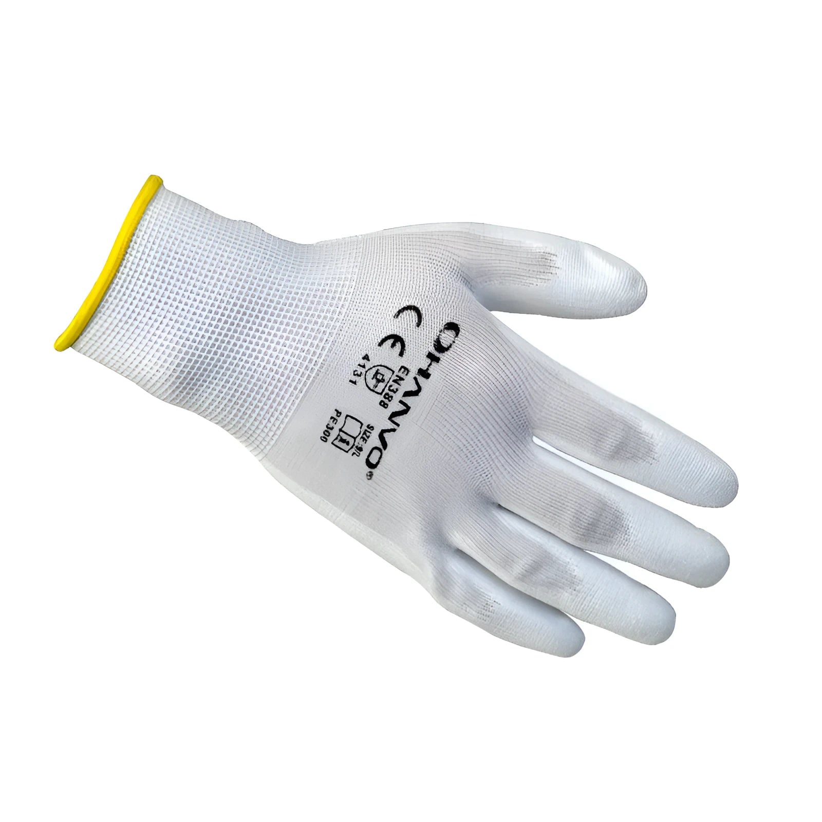 White PU coated work gloves showing textured grip, with size tags for L and M.