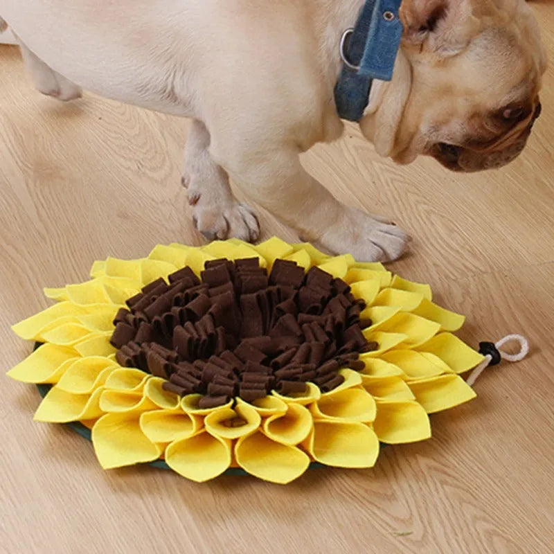 Yellow sunflower-shaped dog snuffle mat with rope and buckle for slow feeding and nosework training