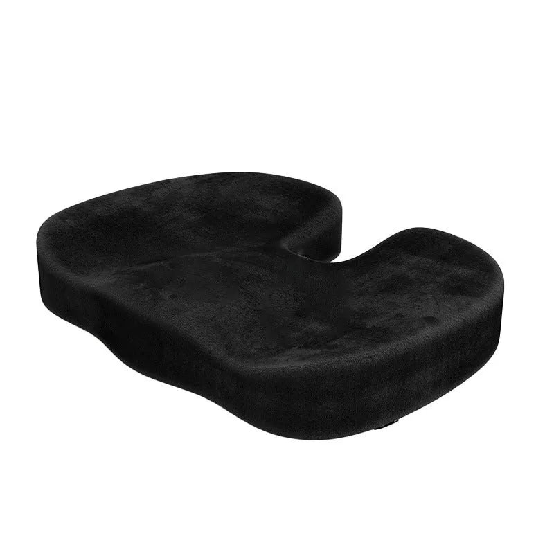 Black memory foam seat cushion with U-shaped design for tailbone relief on office chair