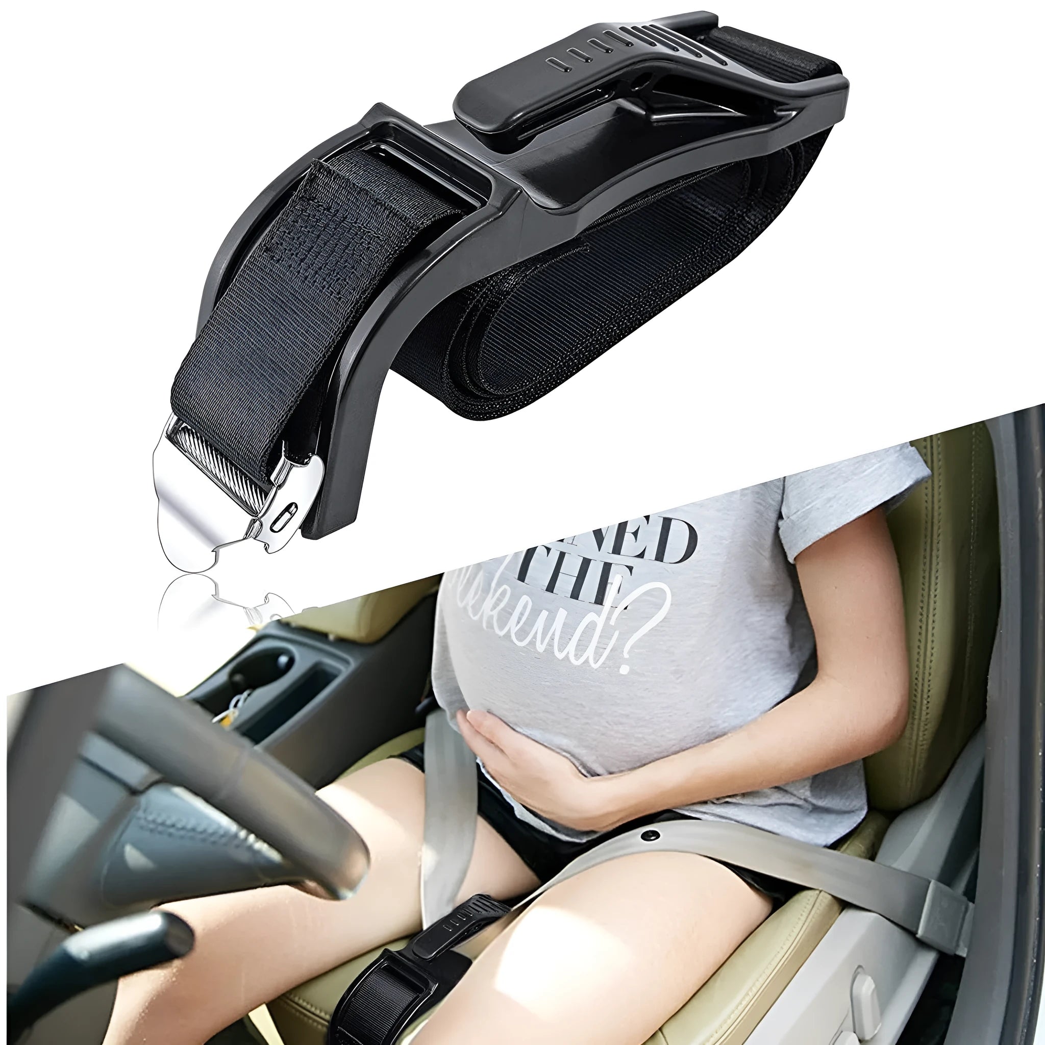 Black pregnancy seat belt safety device with metal buckle for vehicle restraint modification