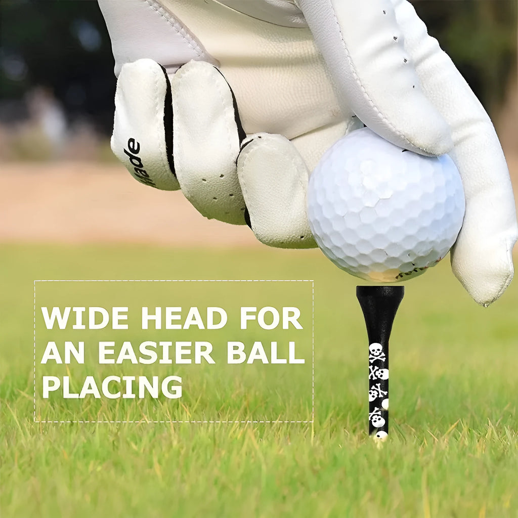 Pack of ten black bamboo golf spike dowel pins with skull print, showing 70mm and 83mm length options