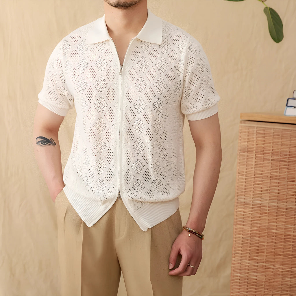 Cotton short sleeve cardigan with front zipper and lapel collar in light brown colour
