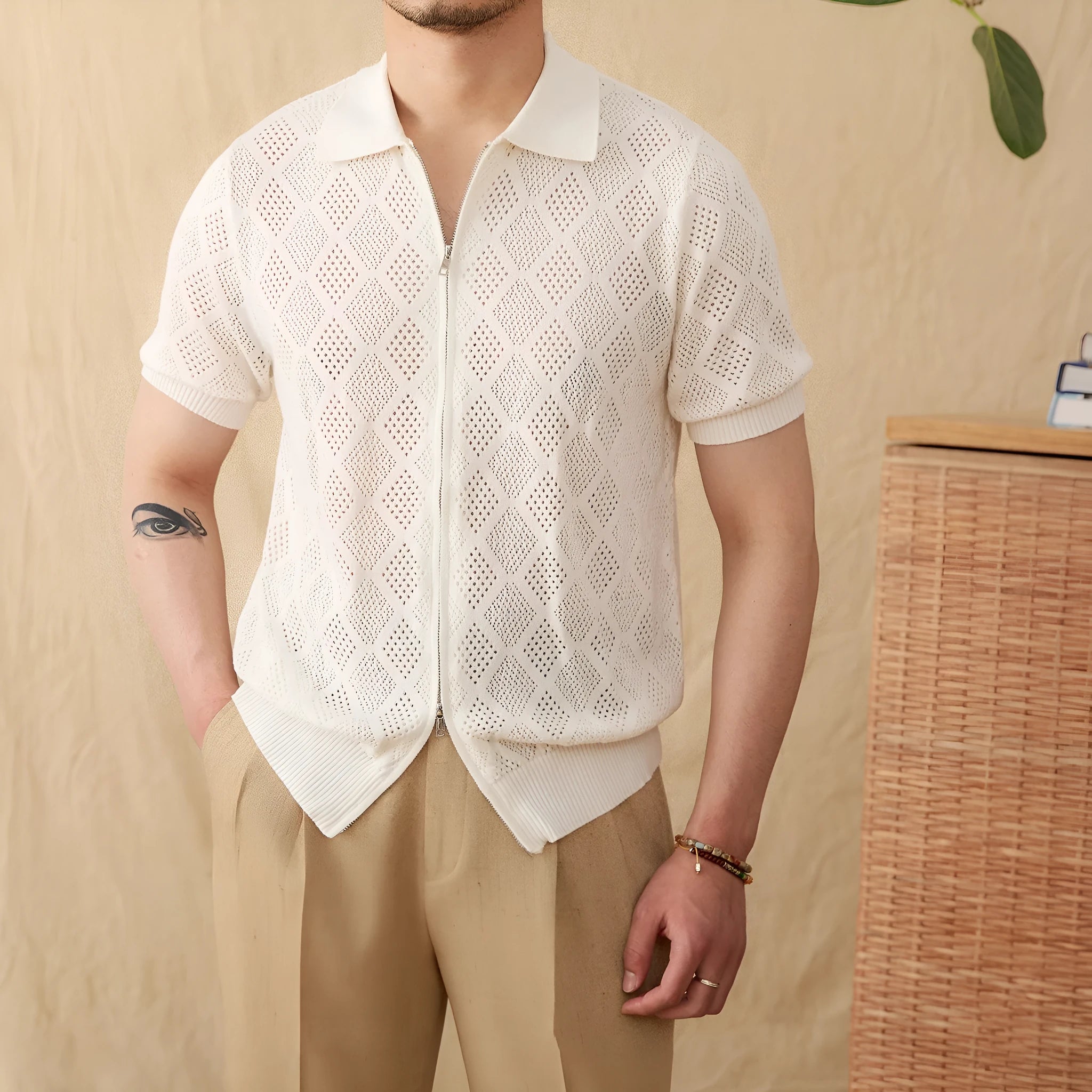 Cotton short sleeve cardigan with front zipper and lapel collar in light brown colour