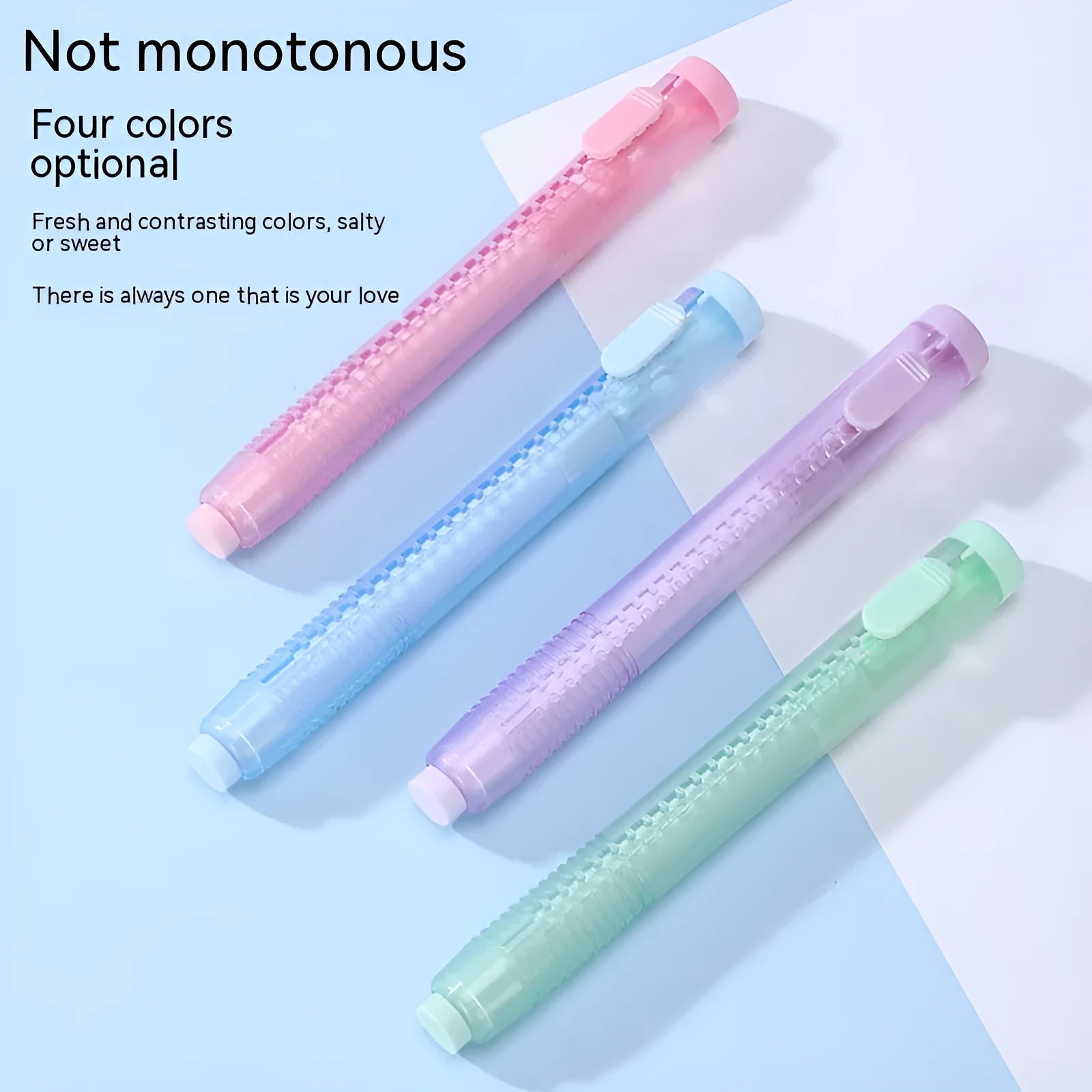 Push-type automatic eraser in four colours: blue, green, pink, purple on white background.