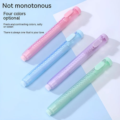 Push-type automatic eraser in four colours: blue, green, pink, purple on white background.
