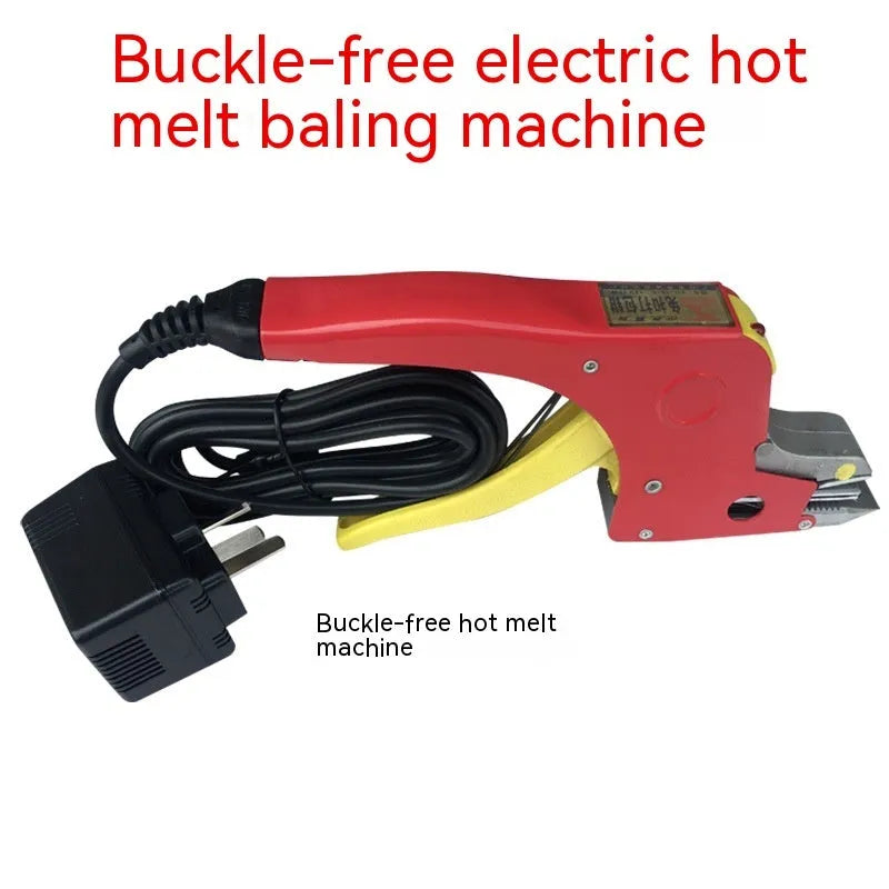 Electric hot melt packing machine with plastic steel tensioner and yellow packaging tape for warehouse packing