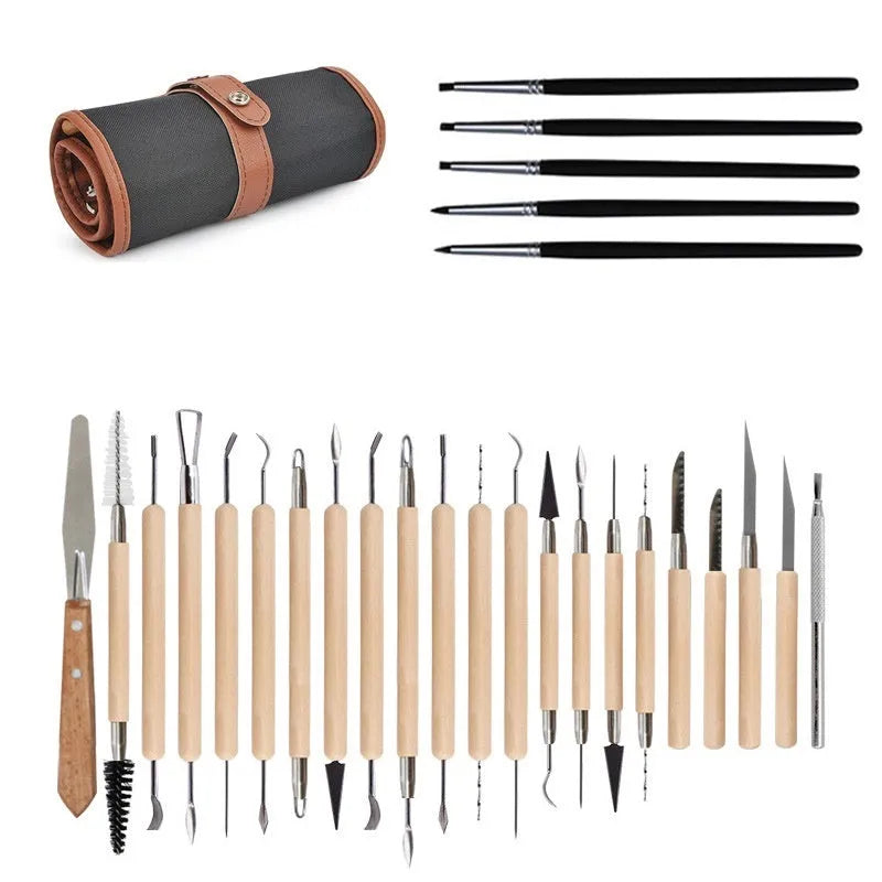 27-piece brown pottery clay tool set with wood, stainless steel and plastic tools rolled in a storage package.