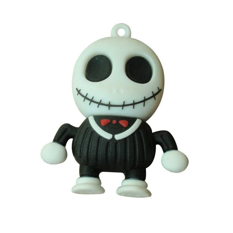 Halloween-themed skeleton skull USB flash drive with small chain in assorted colours.