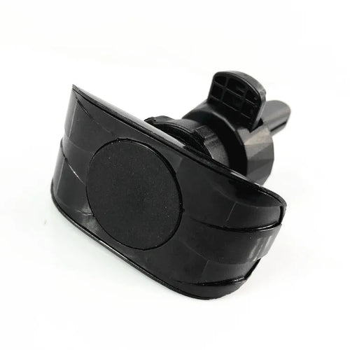 Black car phone holder mounted on vehicle air vent with adjustable clamping arms extended