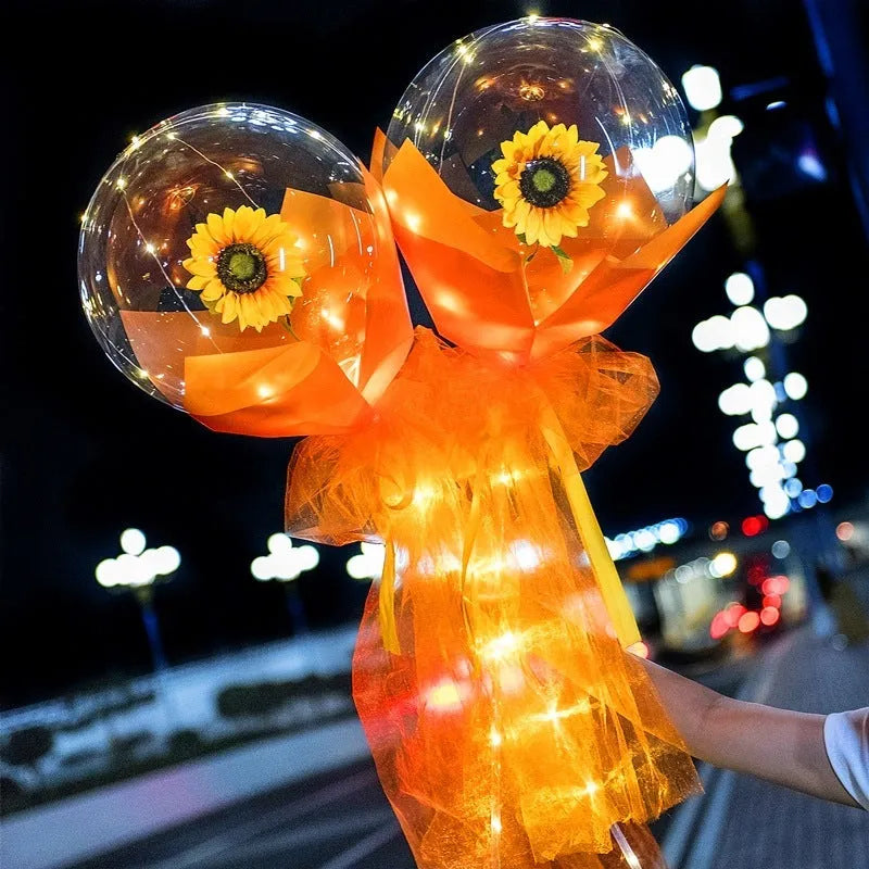 Transparent round LED luminous balloon rose bouquet with artificial flower and lights for DIY assembly