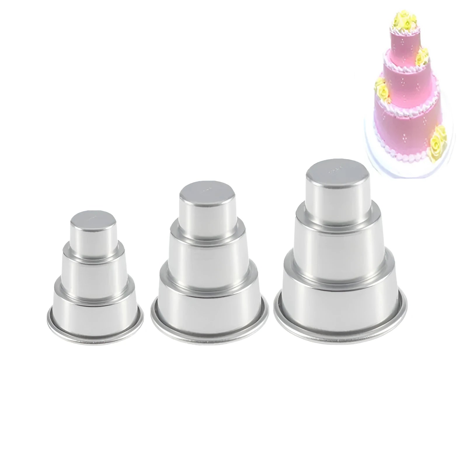 Silver aluminium three-layer cake mould set with large, medium and small moulds for fondant cakes