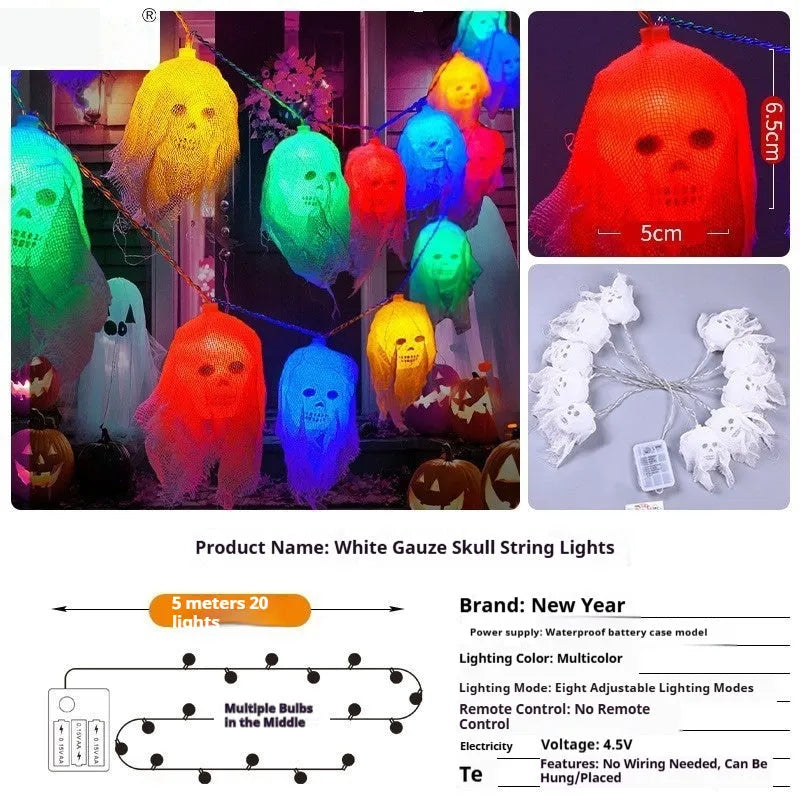 Battery-powered Halloween coloured LED string lights with plastic shell for indoor wall decoration.