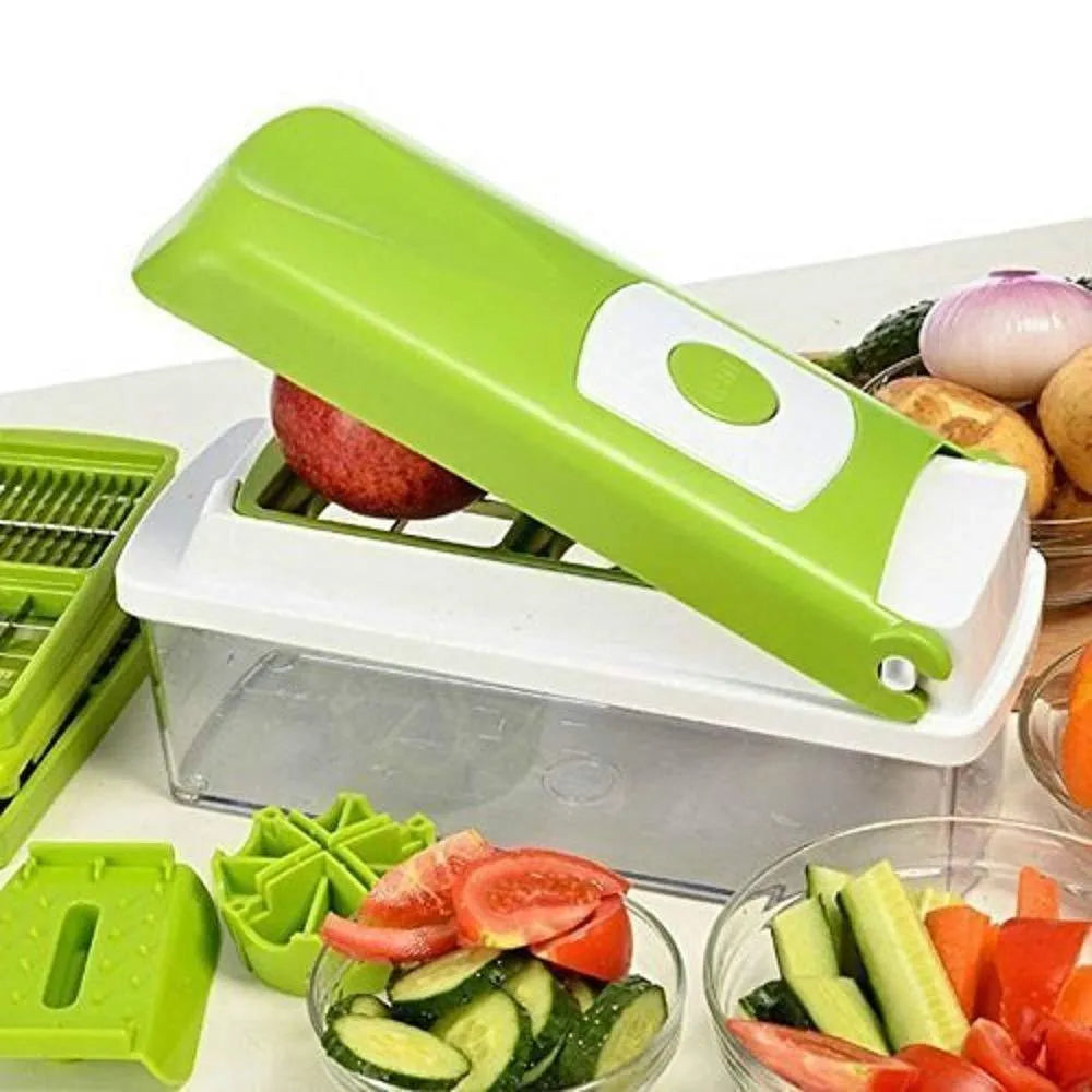 Green 12-piece manual vegetable chopper set with stainless steel blades on a kitchen counter.