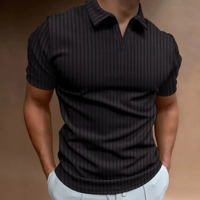 Men's striped V-neck polo shirt in high elastic cotton blend fabric for summer sports wear