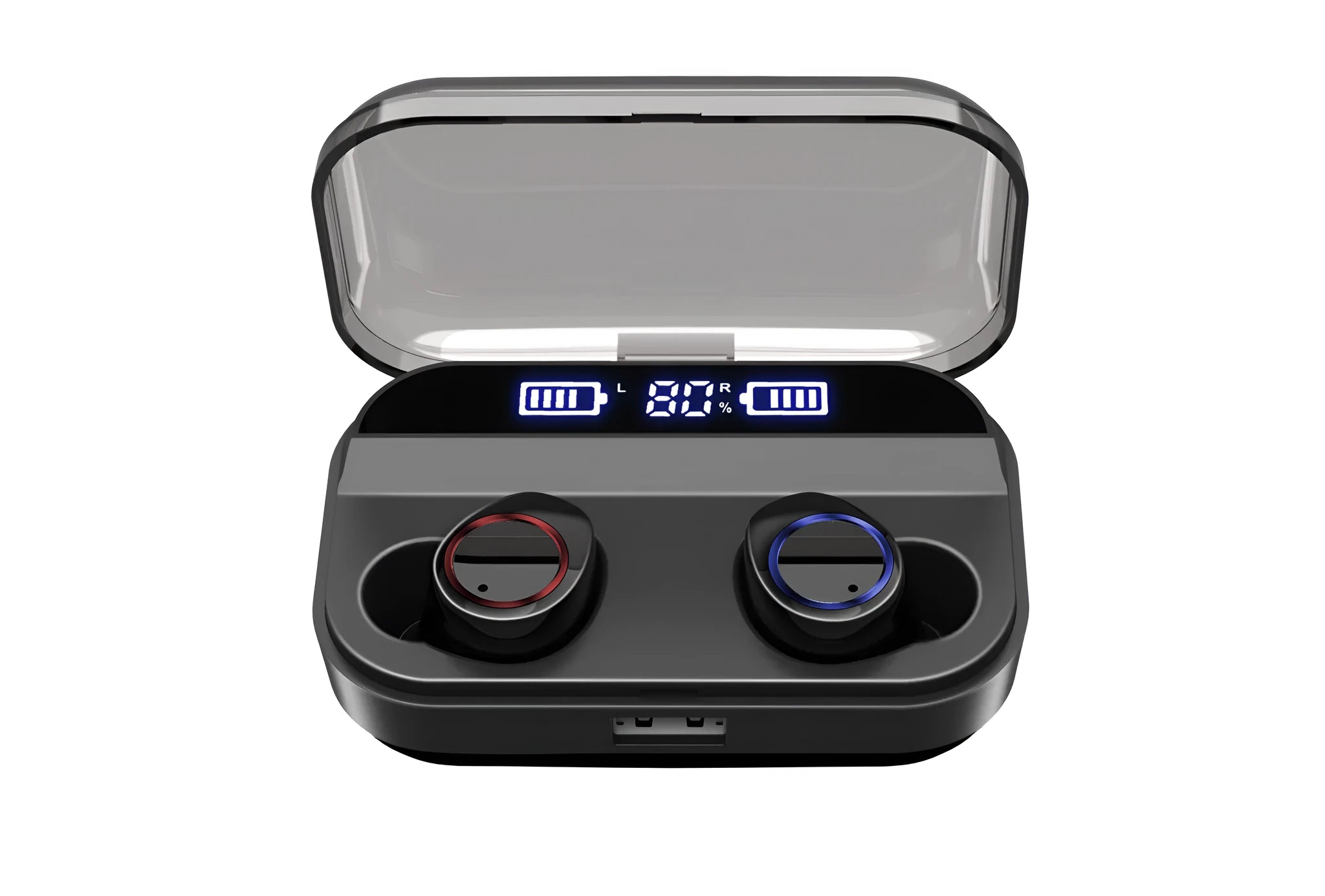X11 black Bluetooth wireless earbuds with charging case showing touch controls and silicone ear sleeves