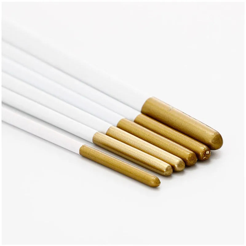 Set of six acrylic watercolour brushes with wooden handles and different sized nylon wool heads.