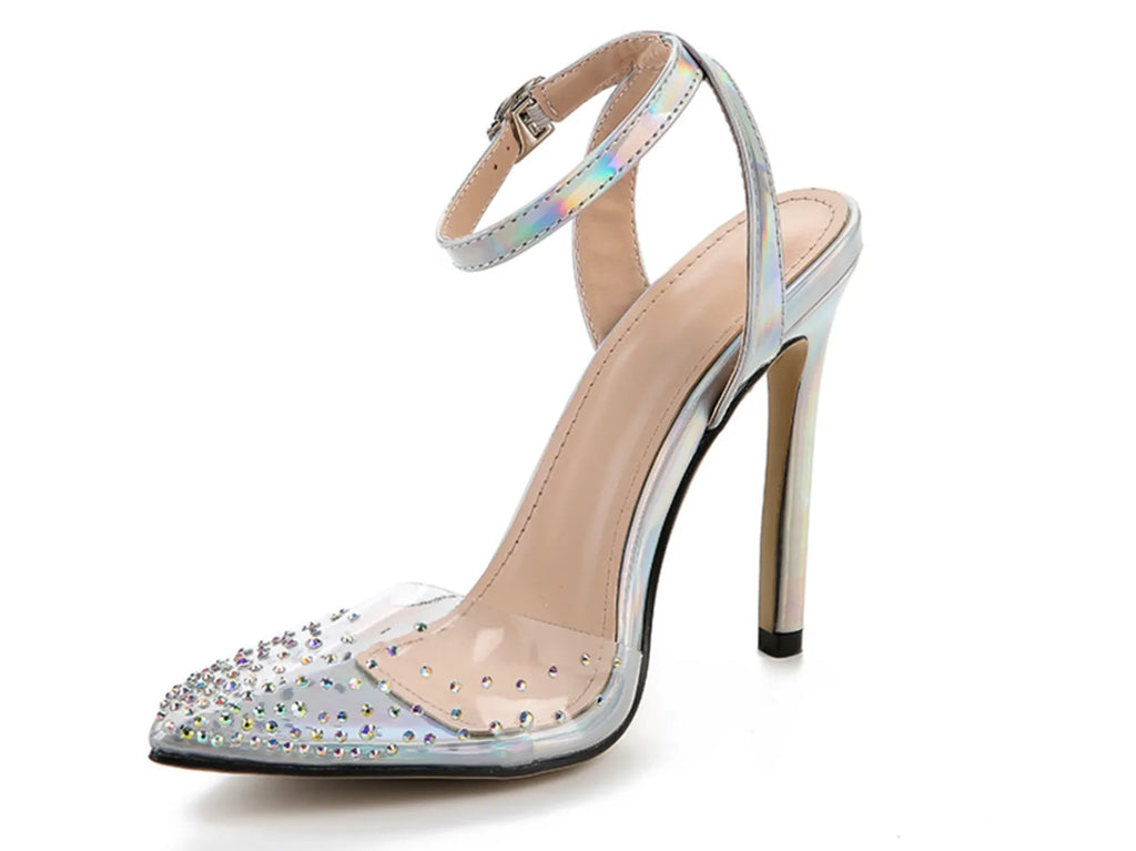 Women's pointed toe stiletto sandals with diamond detail on the PVC upper.