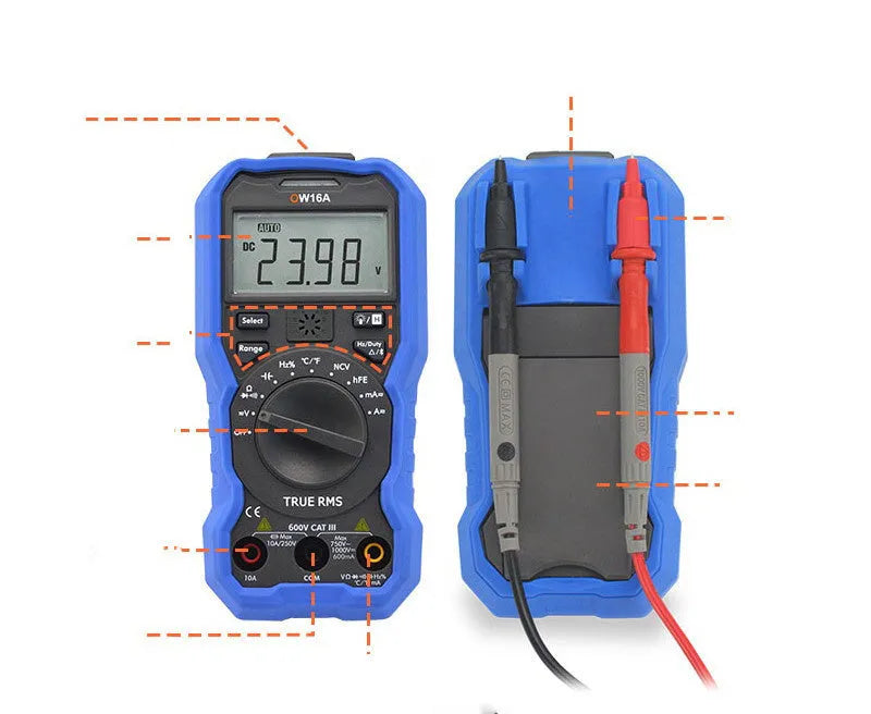 OW16B handheld digital multimeter with display, dial, and test leads for electrical measurement.