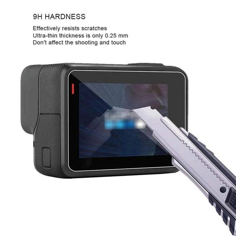 GoPro Hero camera with transparent tempered glass lens and LCD screen protectors applied.