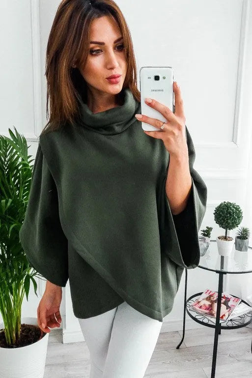 Women's longline batwing sleeve cardigan sweatshirt in a fake two-piece design, shown in a neutral colour.