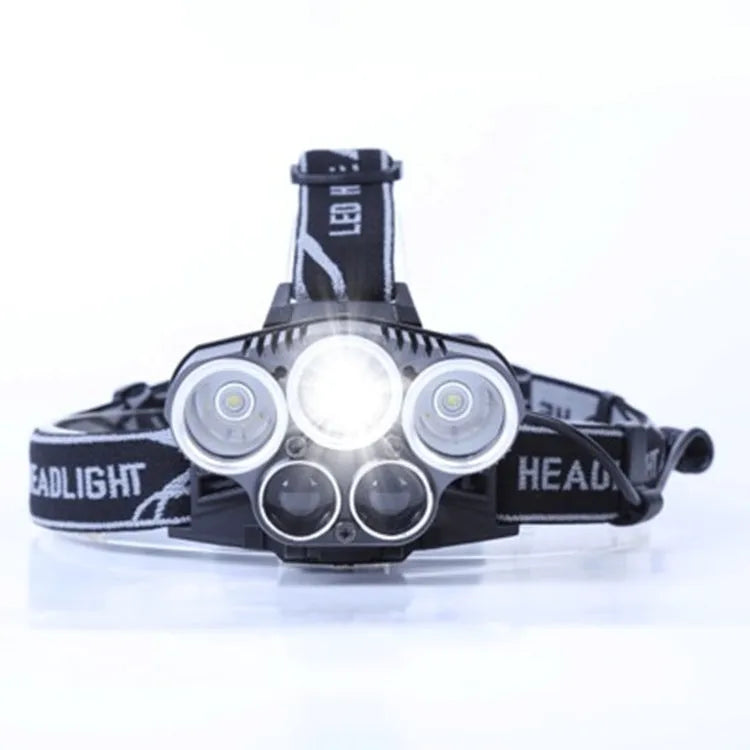 Black head-mounted LED camping torch with adjustable strap and long-range beam shown in outdoor setting.