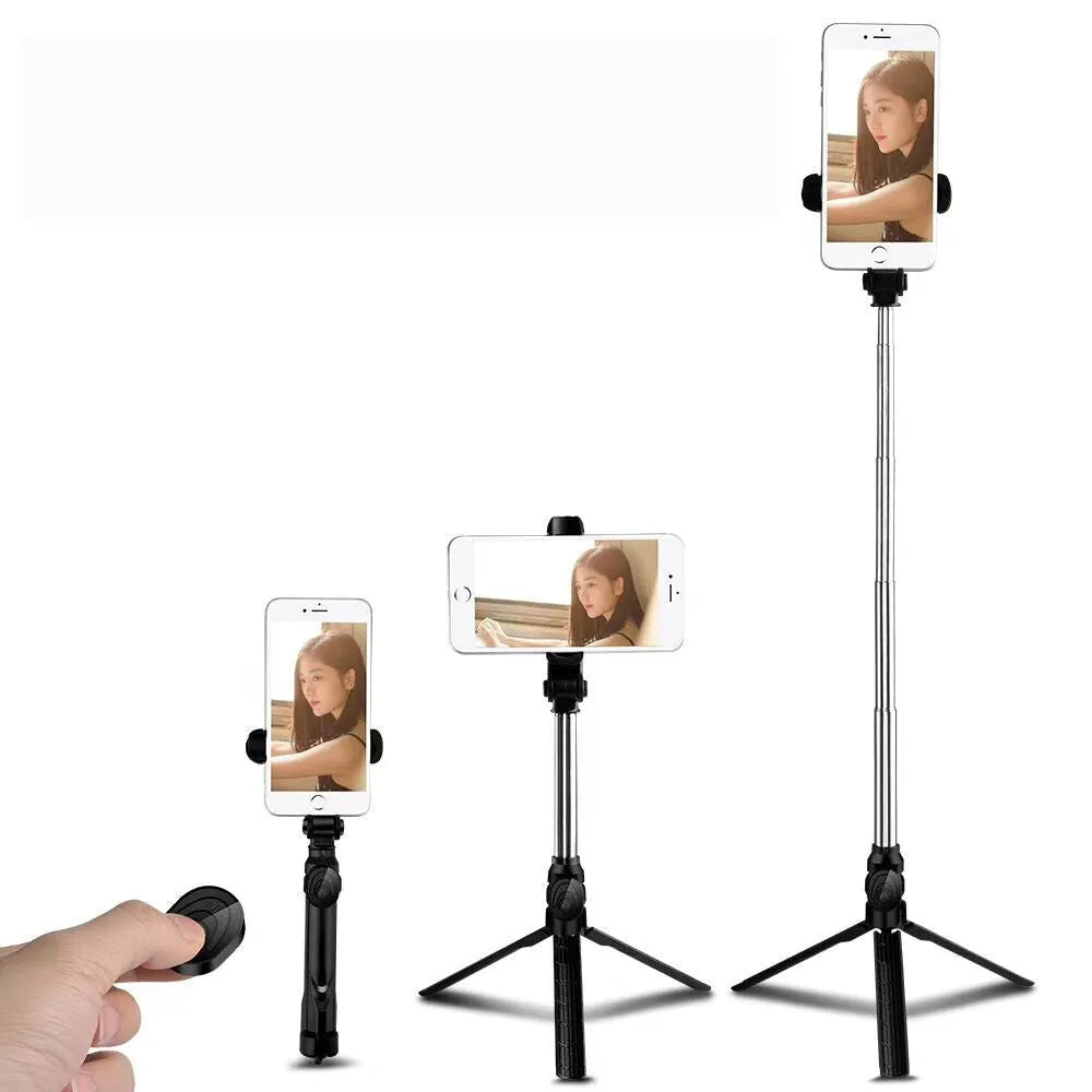 Bluetooth remote control mobile phone tripod stand extended with phone attached