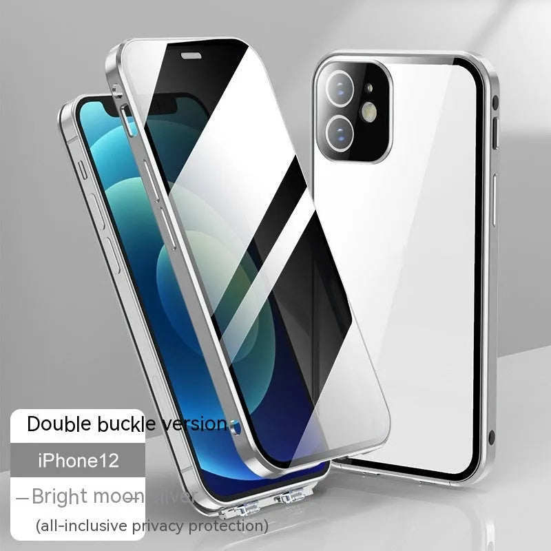 Glass back cover phone case for iPhone with double-sided buckle, shown in silver grey colour.