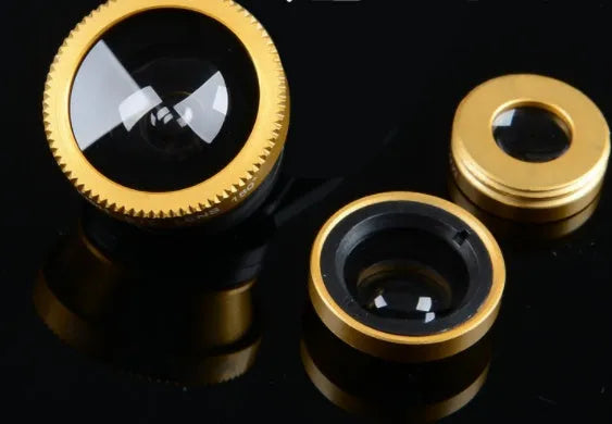 Three-in-one smartphone camera lens kit showing fisheye, wide-angle, and macro attachments in multiple colour options