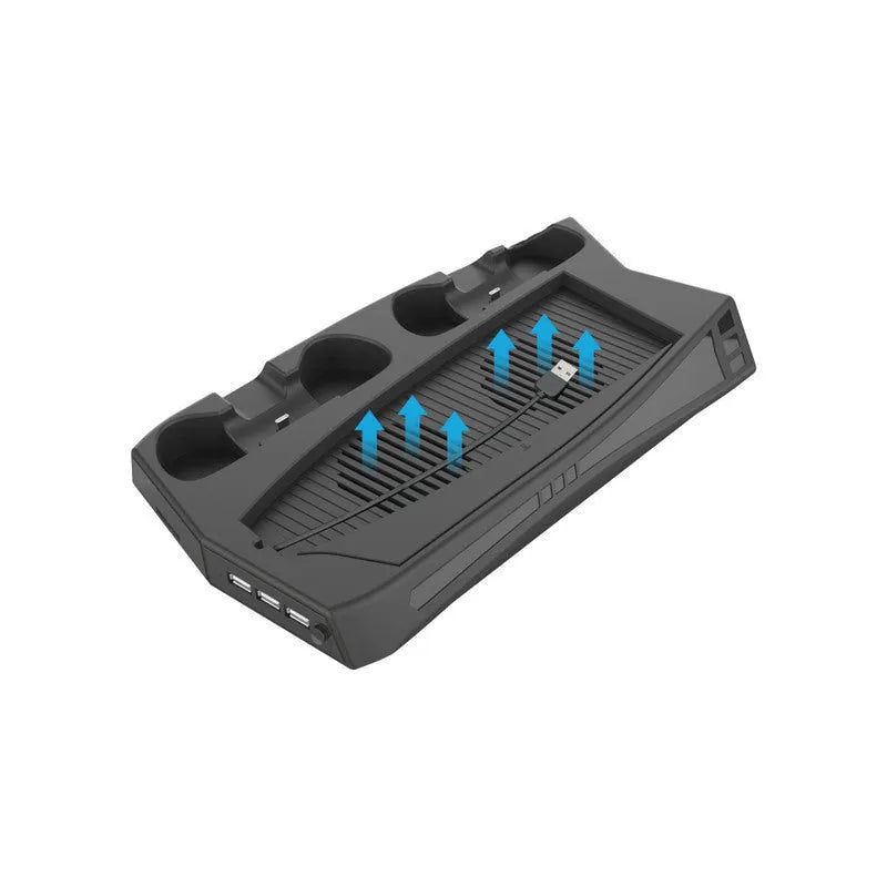 Black PS5 charging cooling fan base with two controller charging slots and USB HUBs