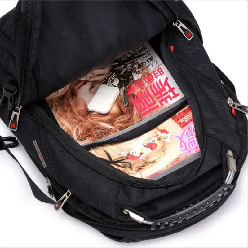 Black business laptop backpack showing three compartments, suitable for a 15 inch notebook.