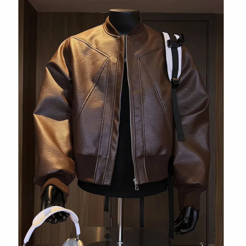 Men's black PU leather jacket with litchi texture and extended 100cm length in slim fit.