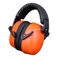 Orange head-mounted earmuffs with an adjustable elastic headband and fabric-covered ear cups.