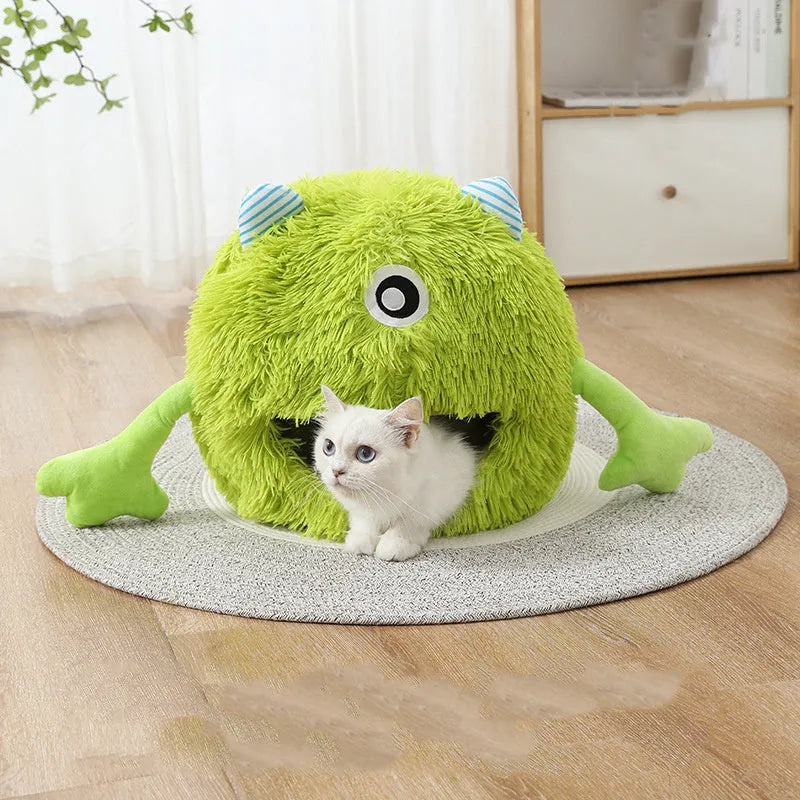 Fluffy round cat bed with plush material in three size options for indoor pets