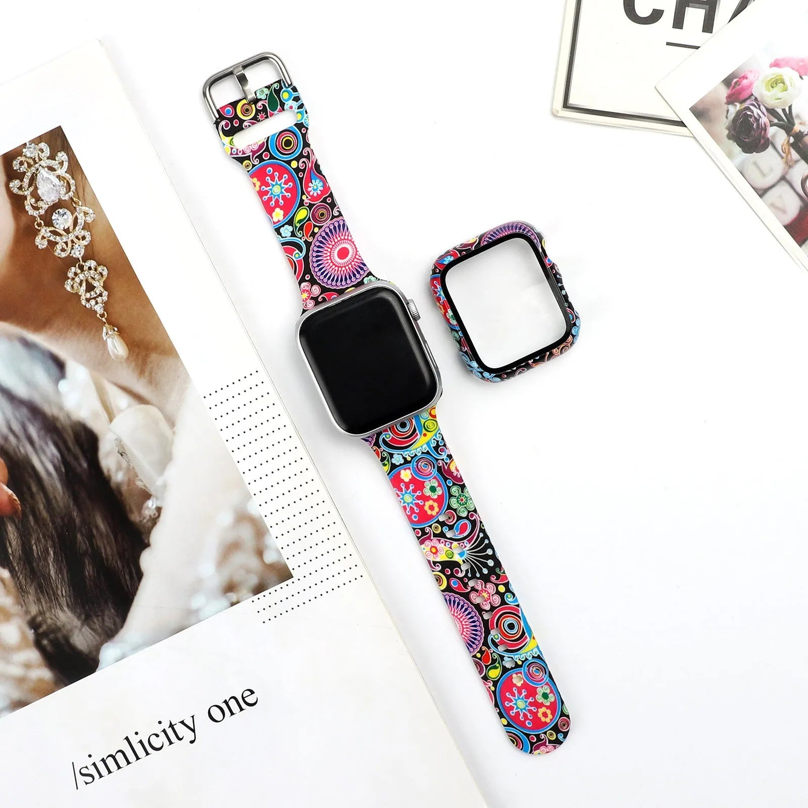 Colourful printed silicone watch strap for Apple Watch showing multiple style options