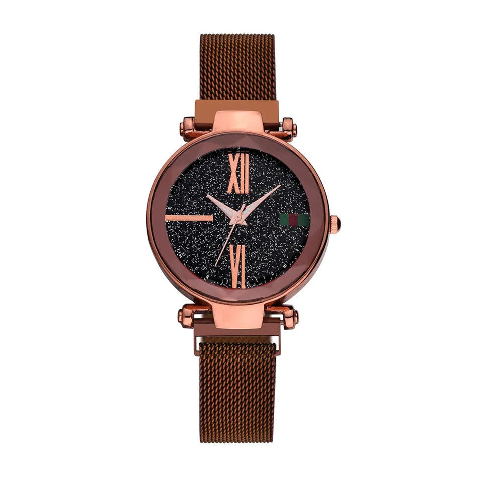 Women's magnetic clasp watch with round dial on stainless steel strap in six colour options.
