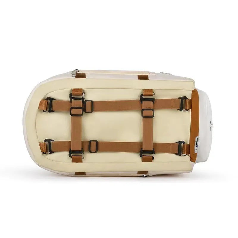 Beige hard-sided outdoor pet carrier with EPE padding, dimensions 43x25x22.5 cm