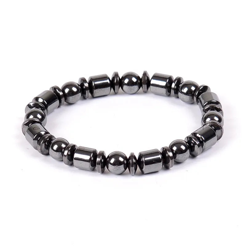 Black pentagram magnetic therapy bracelet made from magnetite and hematite stones with a stretch fit.