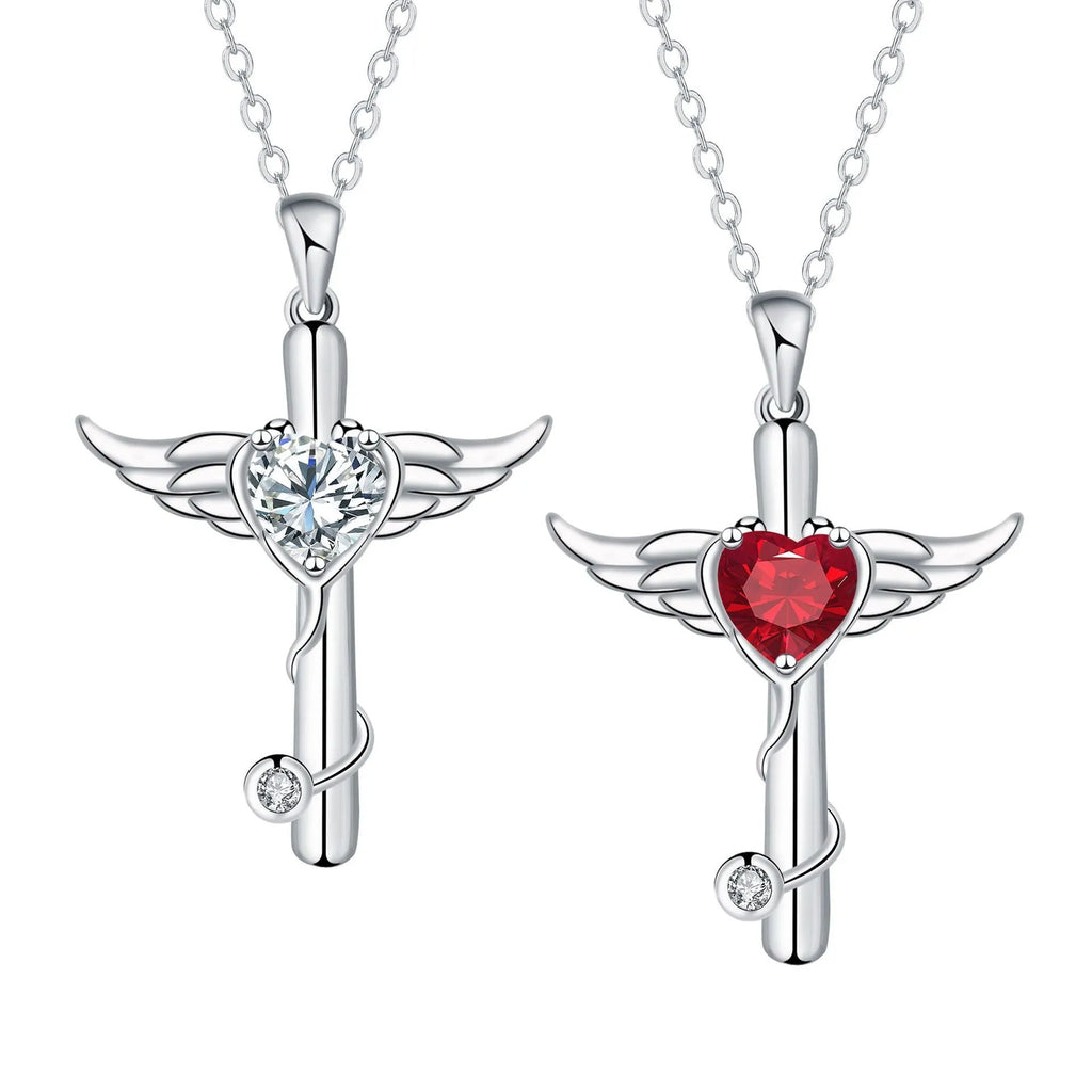 Women's cross stethoscope necklace with angel wings charm in electroplated finish
