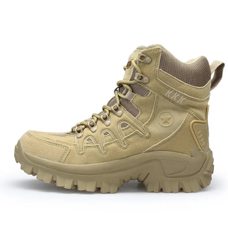 Men's US Army style Delta tactical boots in black with rubber sole, shown on a rough outdoor surface.