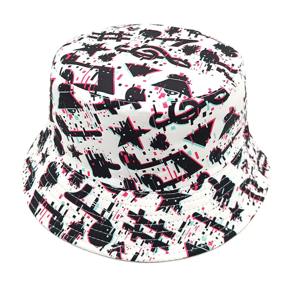 Musical note pattern printed bucket hat in retro dome crown style, size M 56-58cm