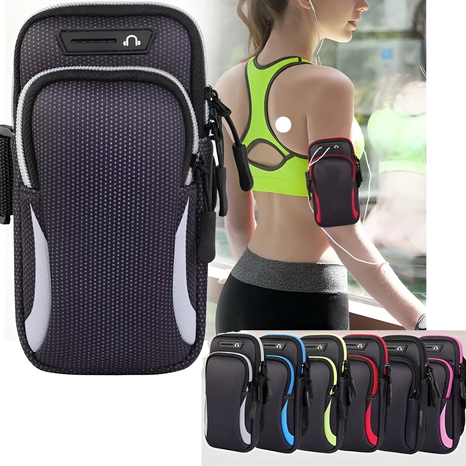 Nylon mobile phone arm bag in black with waterproof fabric and breathable mesh backing
