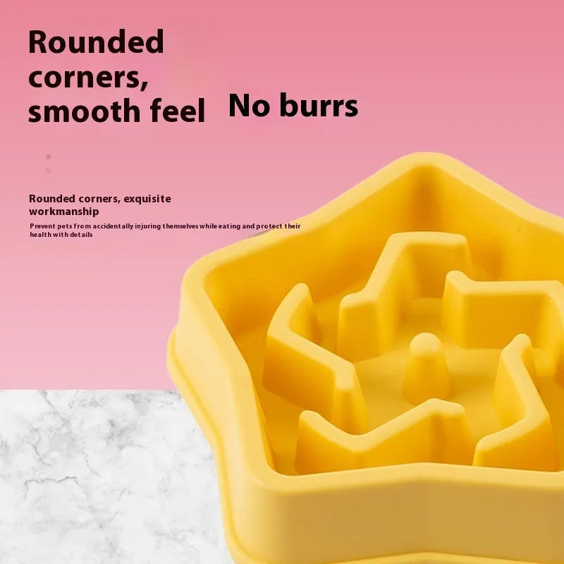 Yellow plastic slow feeding dog bowl with textured bottom for choking prevention