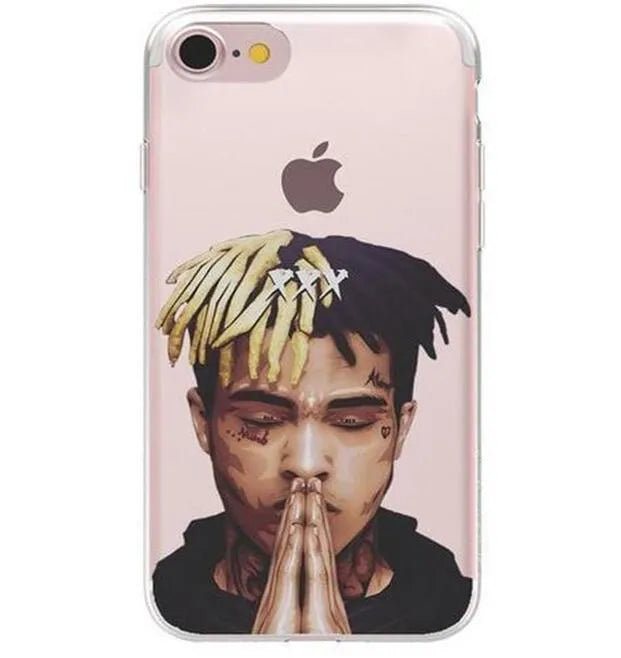 Compatible half-wrapped iPhone case with Xxxtentacion patterned design in transparent matte finish.