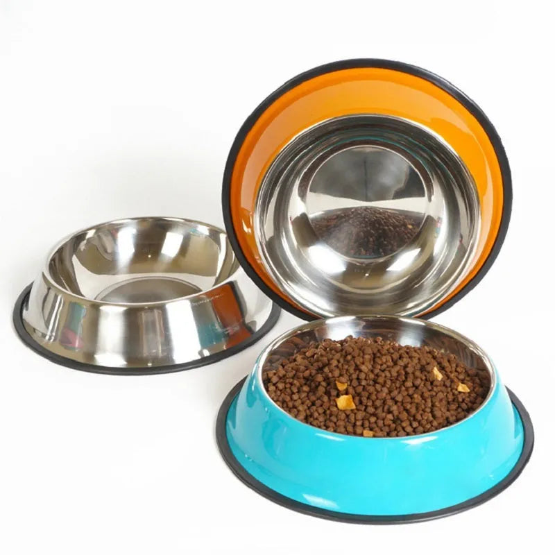 Stainless steel pet bowl with colourful melamine base and non-slip rubber ring in multiple colour options