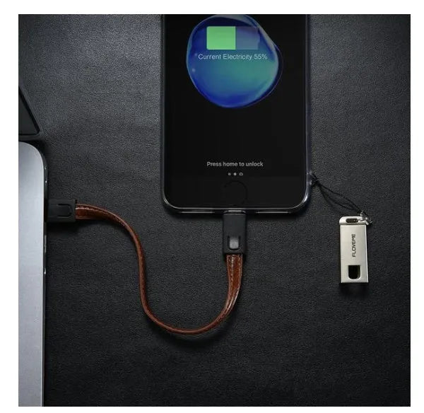 Short red leather and metal iPhone lightning charging cable showing 20cm length.