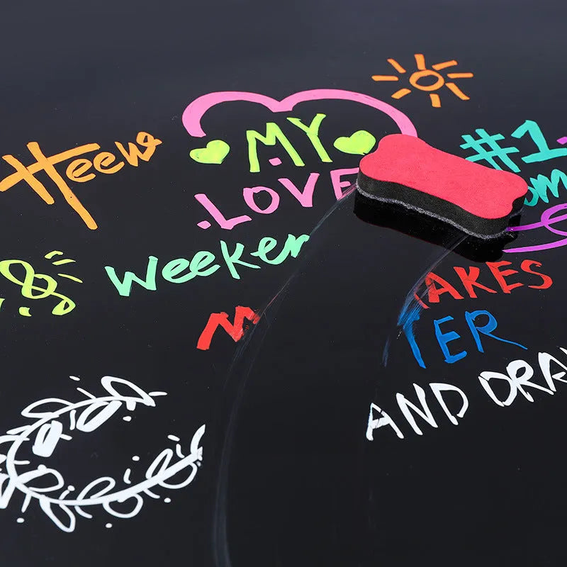 Electronic fluorescent board highlighter with oblique plastic body and a 6mm tip, shown with multi-colour refill options.