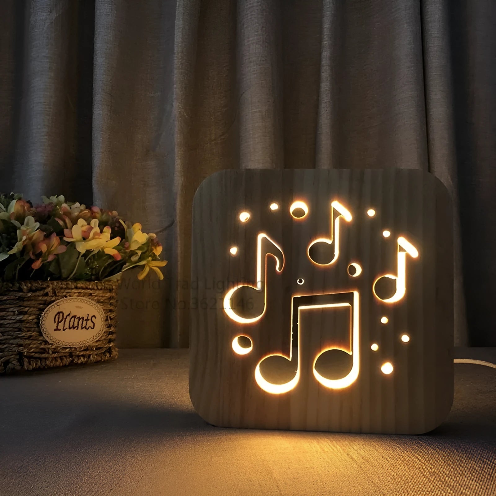 Square pine wood USB-powered LED lamp emitting warm white light on a desk.