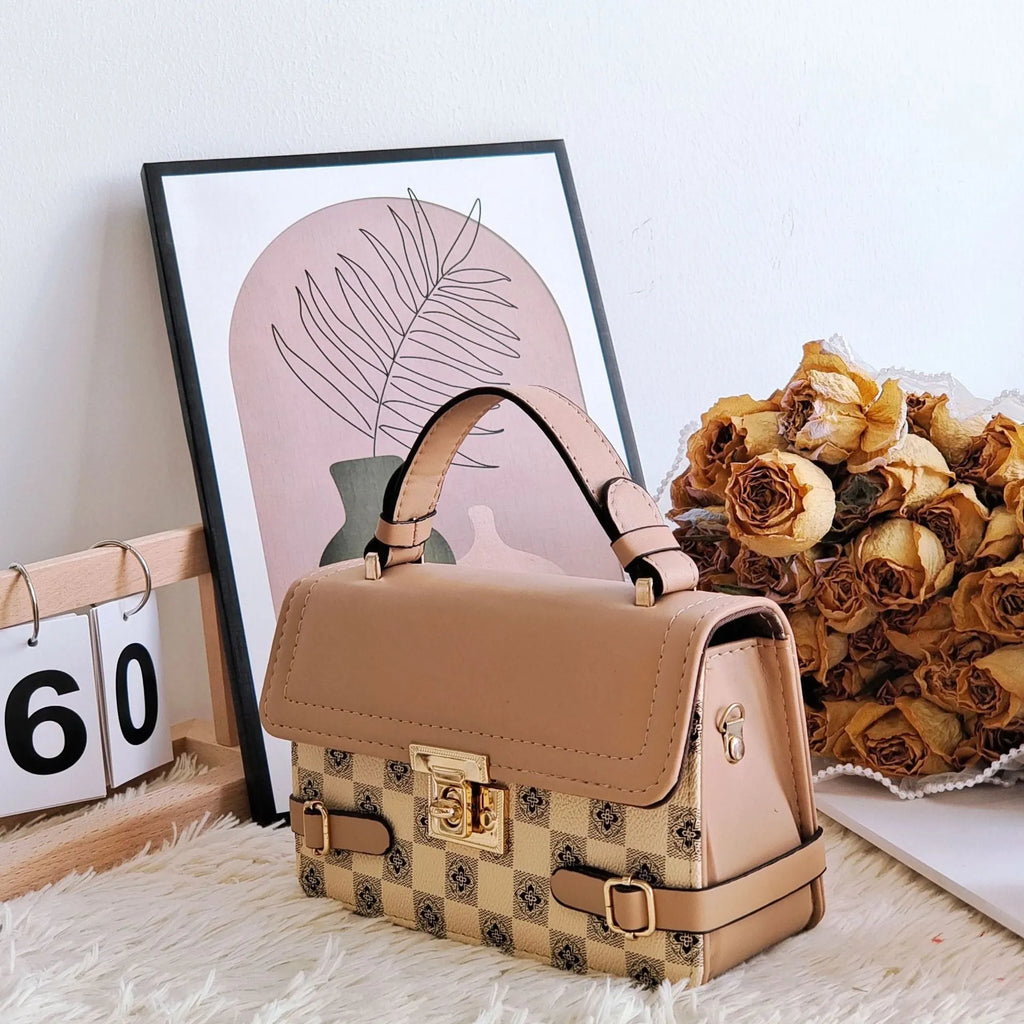 Brown ethnic pattern square crossbody bag with file compartment and structured PU build