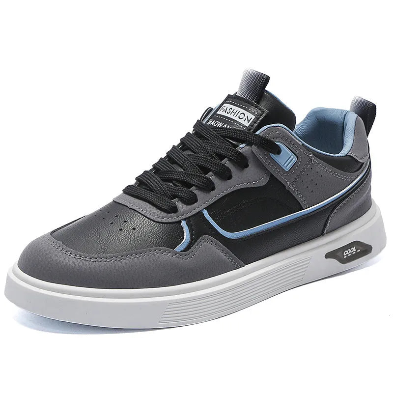 Men's low-top canvas board shoes in beige with leather stitching detail
